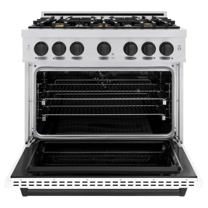 ZLINE Autograph Edition Classic Dual Fuel Ranges in Stainless Steel White Matte Door with Matte Black Accents