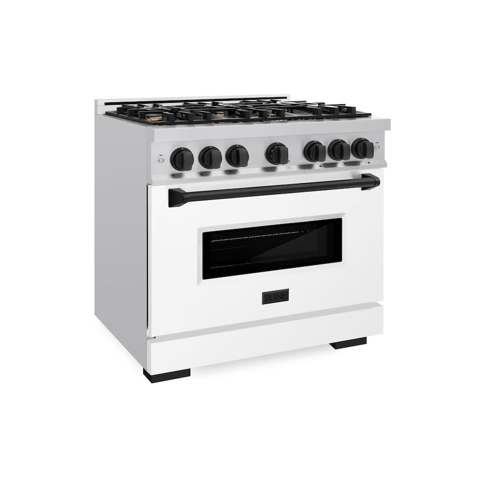 ZLINE Autograph 36" 5.2 cu. ft. Classic Dual Fuel Range with 6 Burners in Stainless Steel with White Matte Door and Matte Black Accents, CDRZ-WM-36-MB