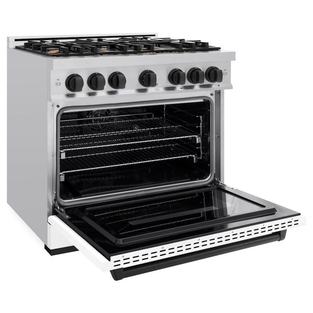 ZLINE Autograph 36" 5.2 cu. ft. Classic Dual Fuel Range with 6 Burners in Stainless Steel with White Matte Door and Matte Black Accents, CDRZ-WM-36-MB