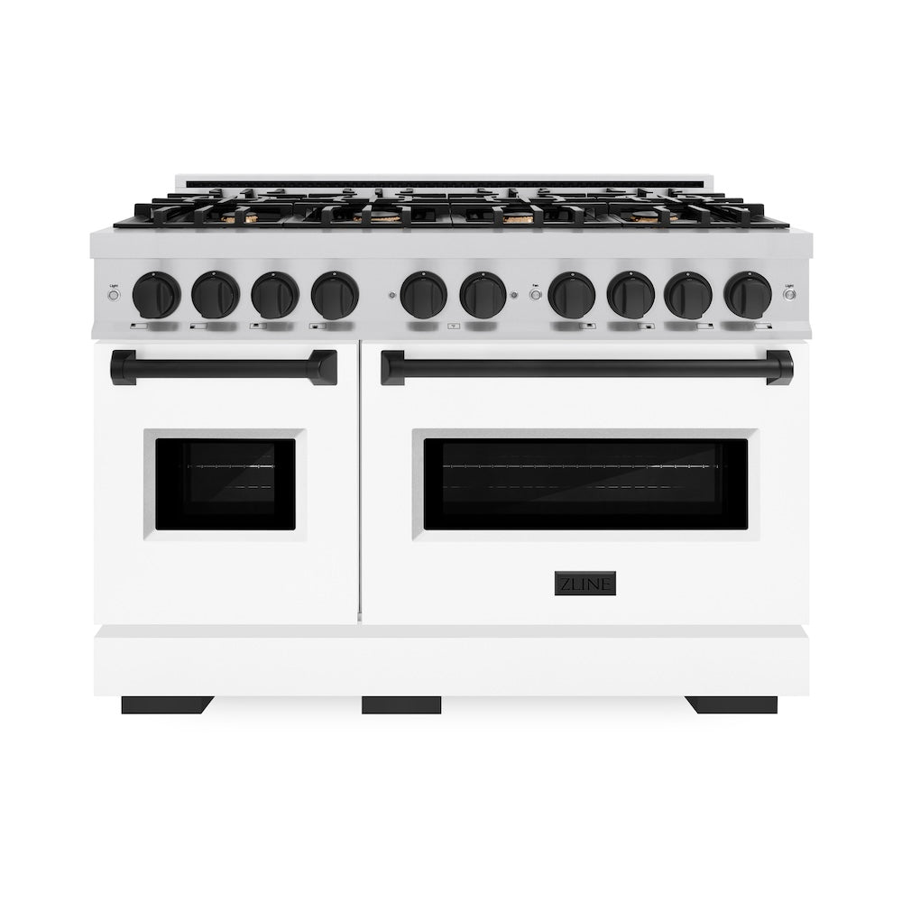 ZLINE Autograph 48" 6.7 cu. ft. Classic Double Oven Dual Fuel Range with 8 Burners in Stainless Steel with White Matte Door and Matte Black Accents, CDRZ-WM-48-MB