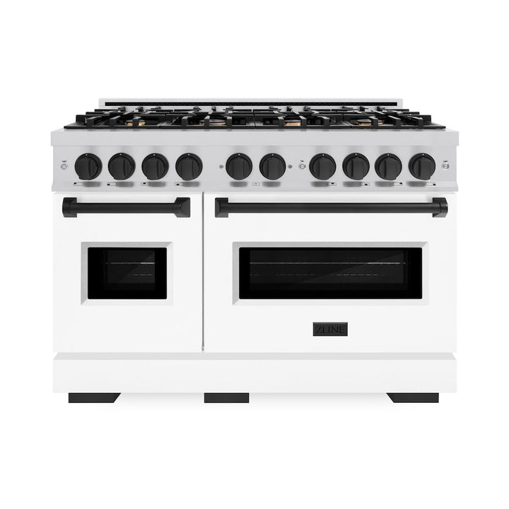 ZLINE Autograph 48" 6.7 cu. ft. Classic Double Oven Dual Fuel Range with 8 Burners in Stainless Steel with White Matte Door and Matte Black Accents, CDRZ-WM-48-MB