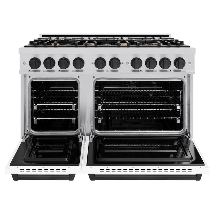 ZLINE Autograph 48" 6.7 cu. ft. Classic Double Oven Dual Fuel Range with 8 Burners in Stainless Steel with White Matte Door and Matte Black Accents, CDRZ-WM-48-MB