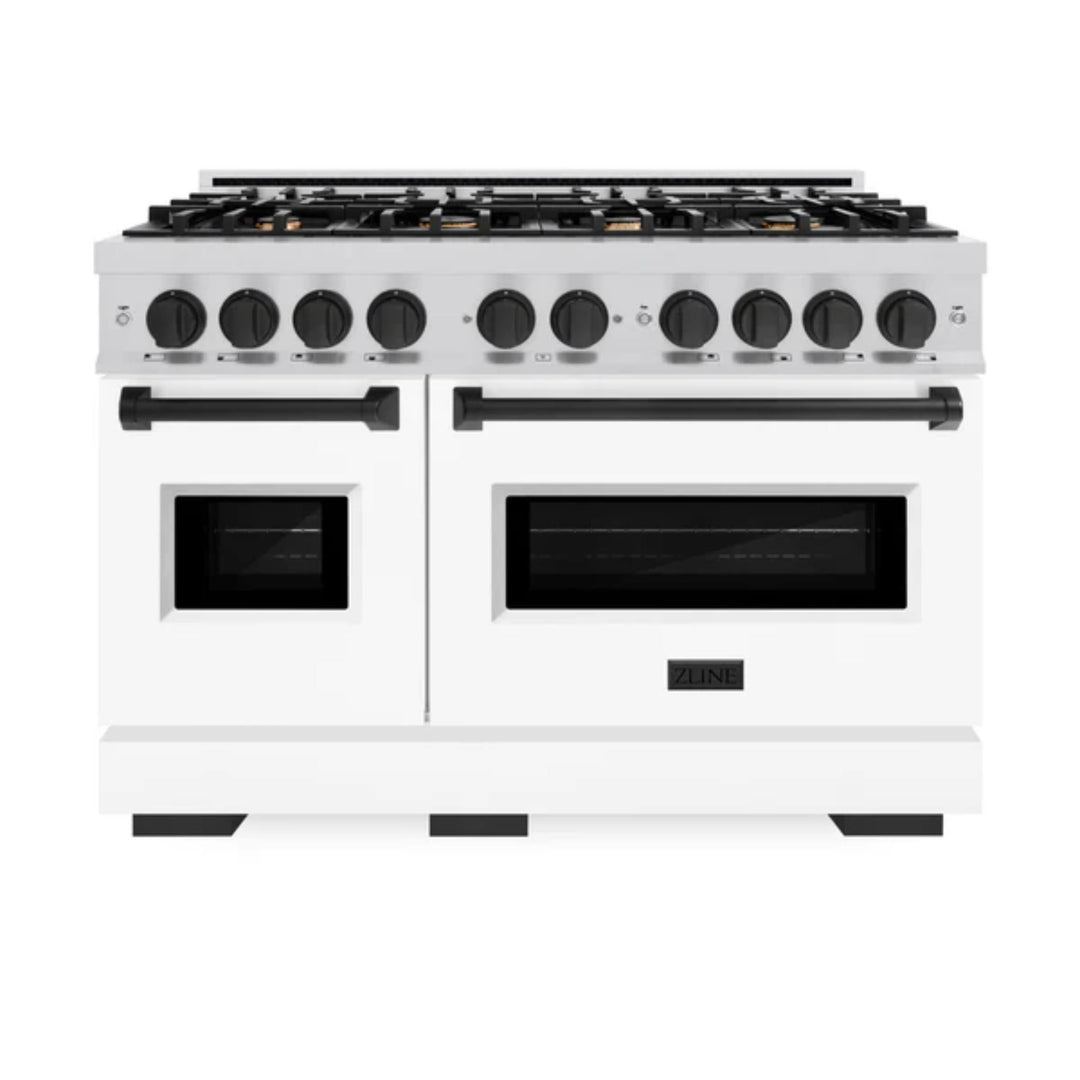 ZLINE Autograph Edition Classic Dual Fuel Ranges in Stainless Steel White Matte Door with Matte Black Accents