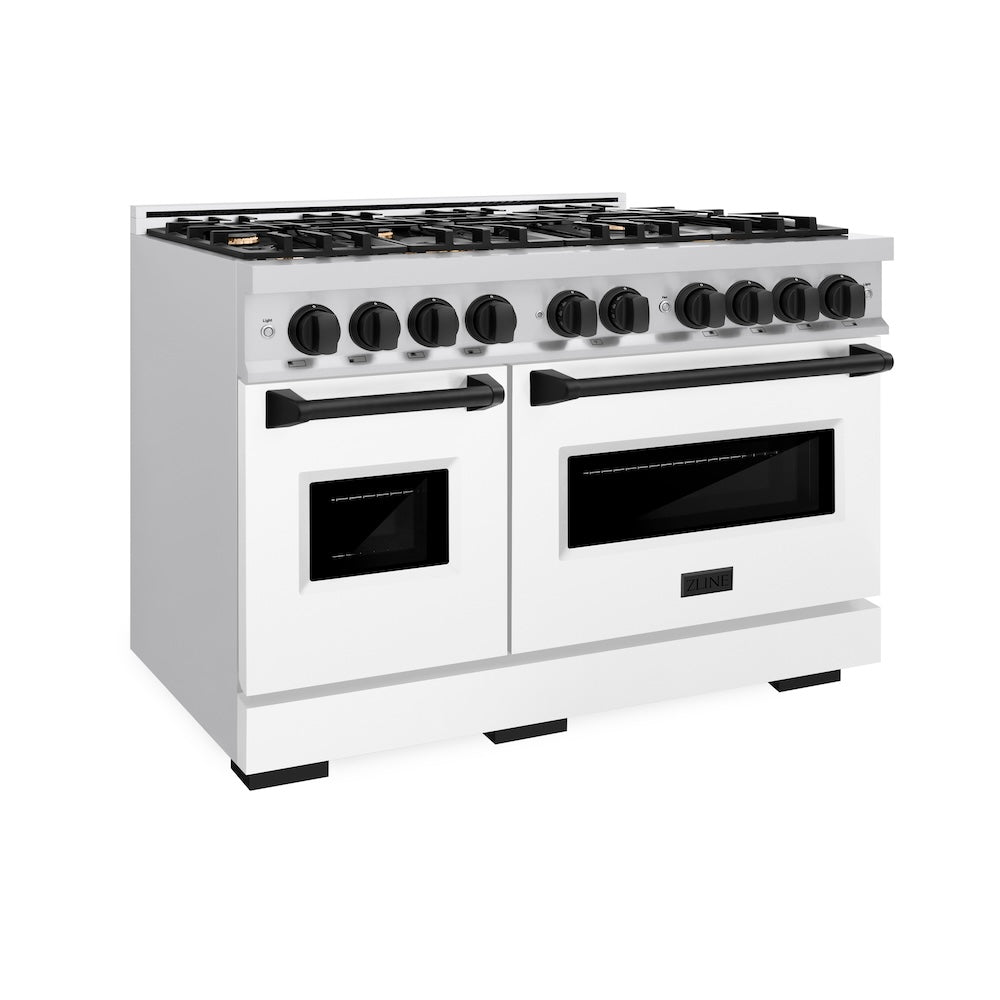 ZLINE Autograph 48" 6.7 cu. ft. Classic Double Oven Dual Fuel Range with 8 Burners in Stainless Steel with White Matte Door and Matte Black Accents, CDRZ-WM-48-MB