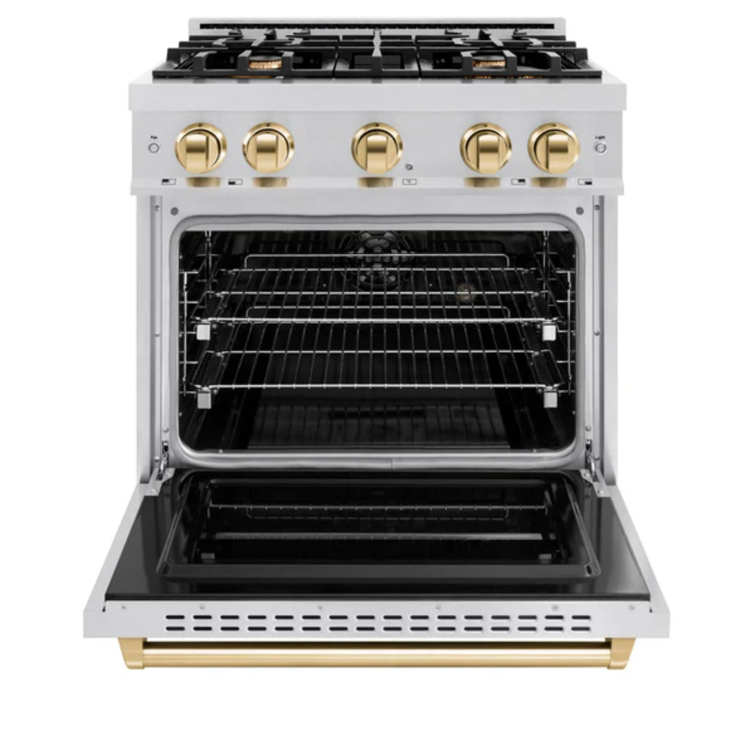 ZLINE Autograph Edition Classic Dual Fuel Ranges Burner Gas Cooktop and Electric Convection Oven in Stainless Steel with Polished Gold Accents