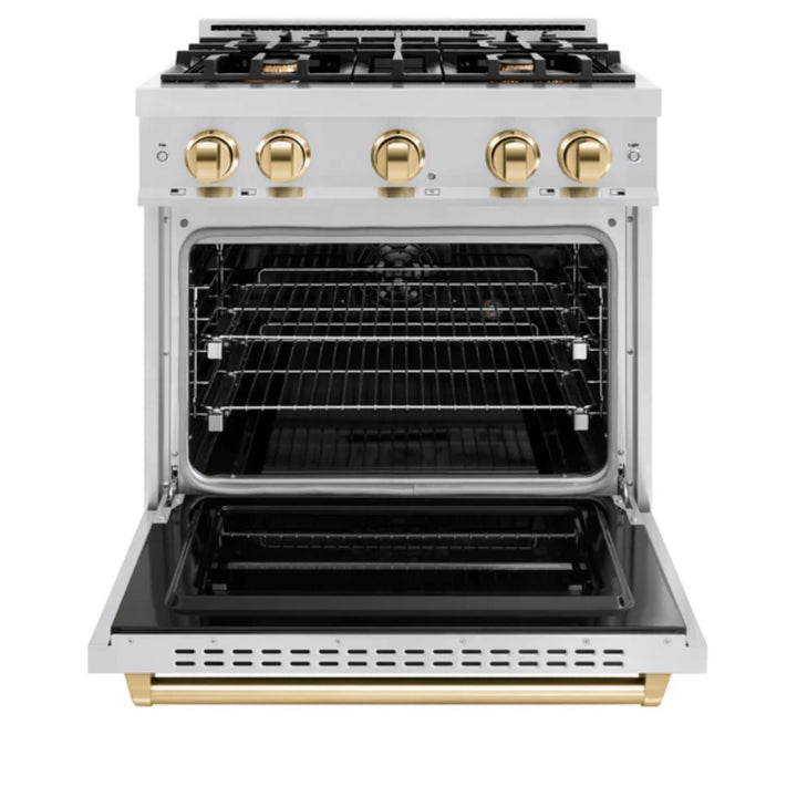 ZLINE Autograph Edition Classic Dual Fuel Ranges Burner Gas Cooktop and Electric Convection Oven in Stainless Steel with Polished Gold Accents