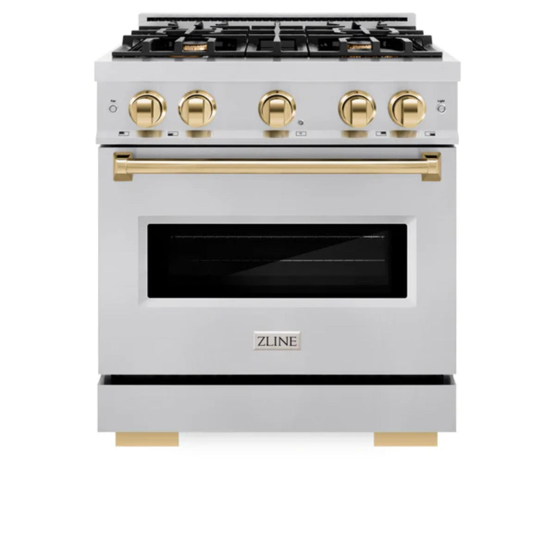 ZLINE Autograph Edition Classic Dual Fuel Ranges Burner Gas Cooktop and Electric Convection Oven in Stainless Steel with Polished Gold Accents