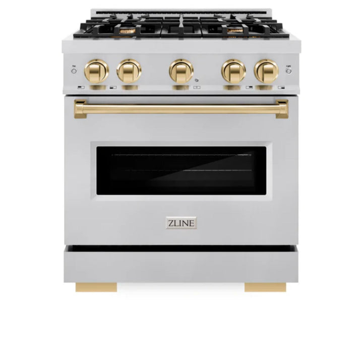 ZLINE Autograph Edition Classic Dual Fuel Ranges Burner Gas Cooktop and Electric Convection Oven in Stainless Steel with Polished Gold Accents