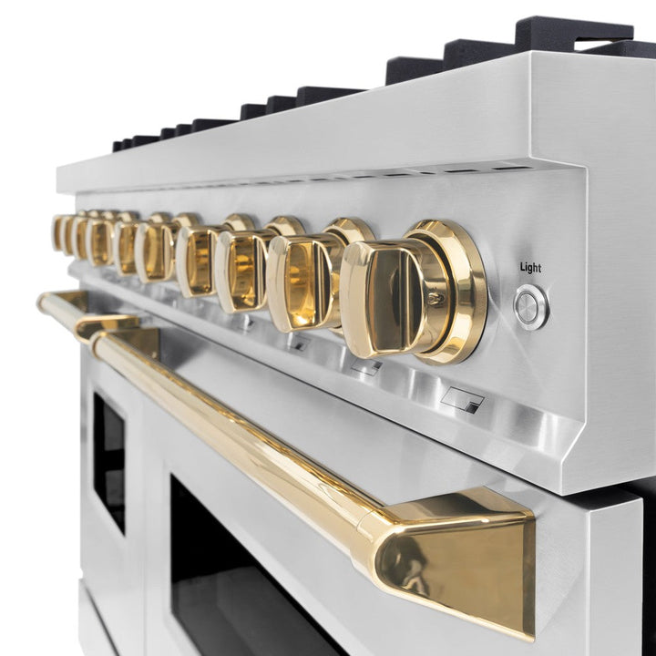 ZLINE Autograph 48" 6.7 cu. ft. Classic Double Oven Dual Fuel Range with 8 Burners in Stainless Steel and Polished Gold Accents, CDRZ-48-G