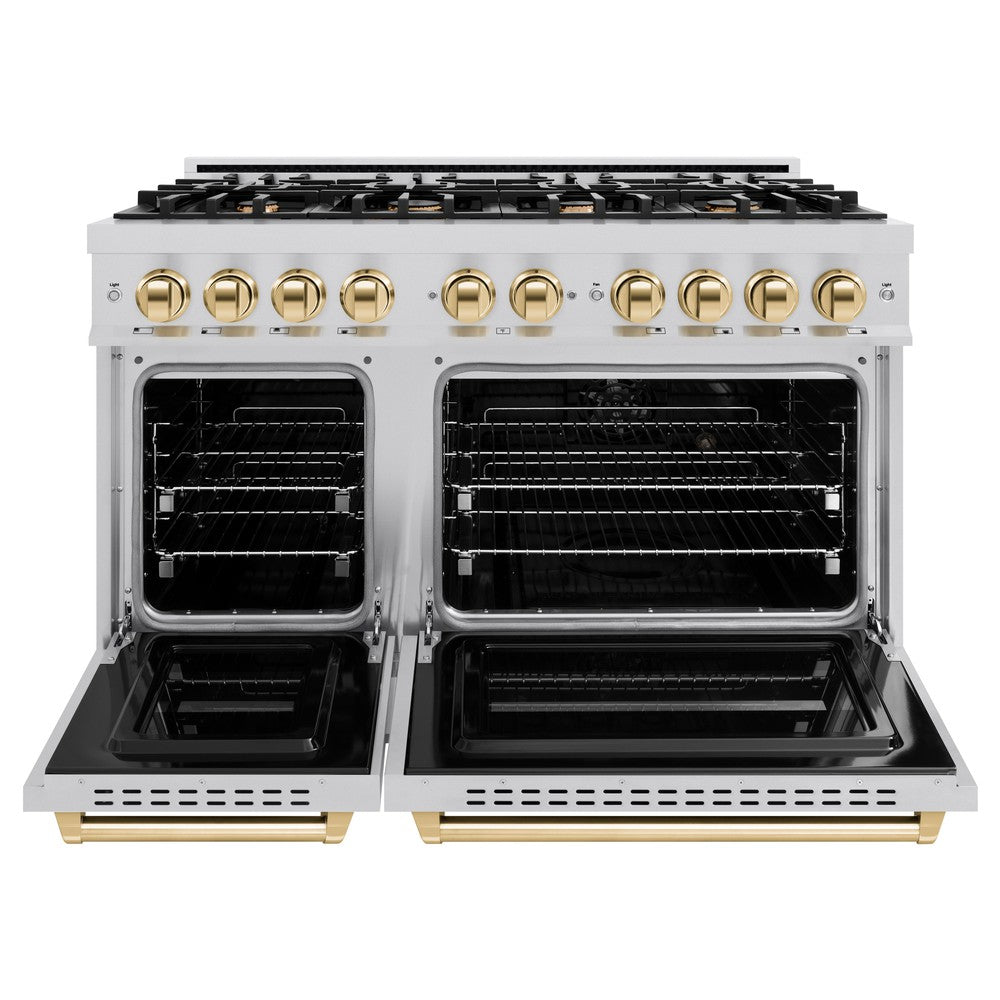 ZLINE Autograph 48" 6.7 cu. ft. Classic Double Oven Dual Fuel Range with 8 Burners in Stainless Steel and Polished Gold Accents, CDRZ-48-G