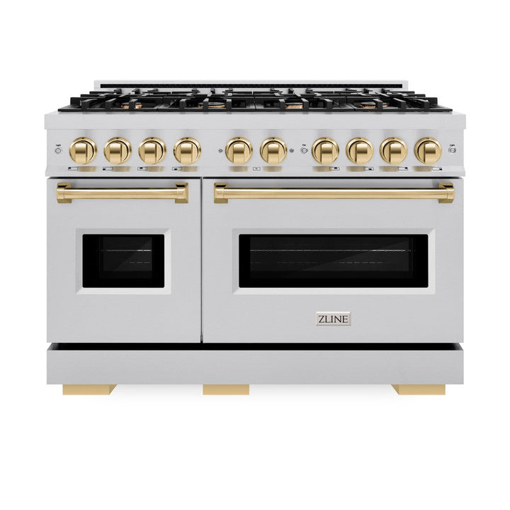 ZLINE Autograph 48" 6.7 cu. ft. Classic Double Oven Dual Fuel Range with 8 Burners in Stainless Steel and Polished Gold Accents, CDRZ-48-G