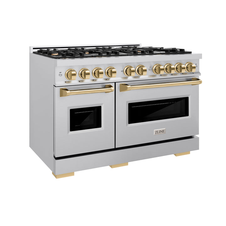 ZLINE Autograph 48" 6.7 cu. ft. Classic Double Oven Dual Fuel Range with 8 Burners in Stainless Steel and Polished Gold Accents, CDRZ-48-G