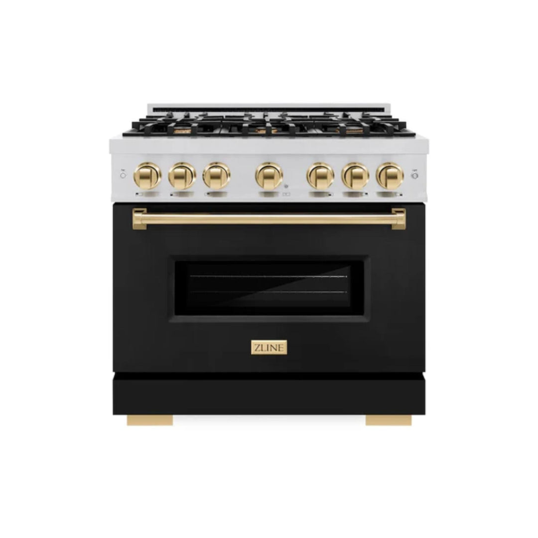 ZLINE Autograph Edition Classic Dual Fuel Ranges with Black Matte Doors and Polished Gold Accents