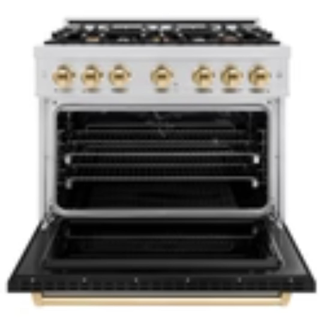ZLINE Autograph Edition Classic Dual Fuel Ranges with Black Matte Doors and Polished Gold Accents