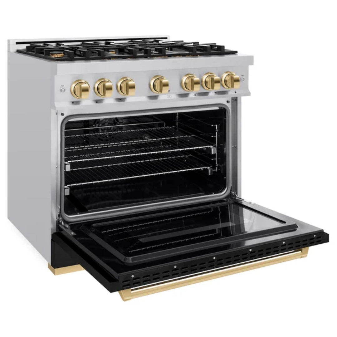 ZLINE Autograph Edition Classic Dual Fuel Ranges with Black Matte Doors and Polished Gold Accents
