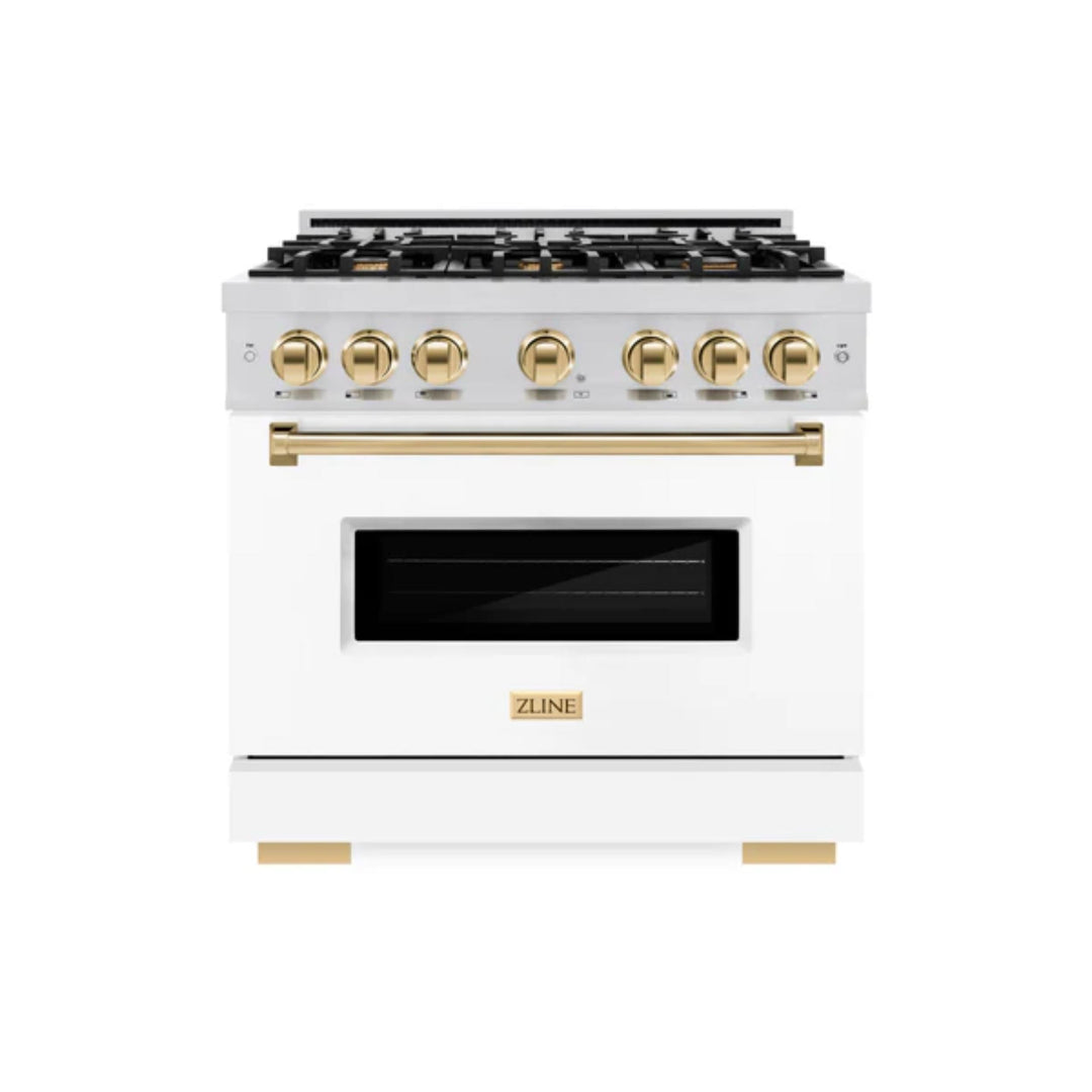ZLINE Autograph Edition Classic Gas Range with Convection Gas Oven in Stainless Steel with White Matte Door and Polished Gold Accents