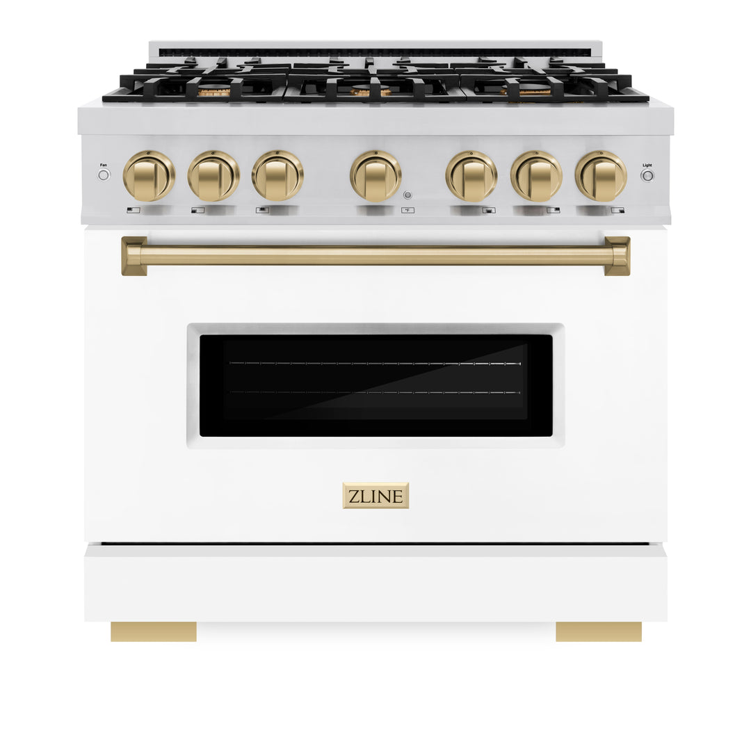 ZLINE Autograph 36" 5.2 cu. ft. Classic Gas Range with 6 Burners in Stainless Steel with White Matte Door and Champagne Bronze Accents, CGRZ-WM-36-CB