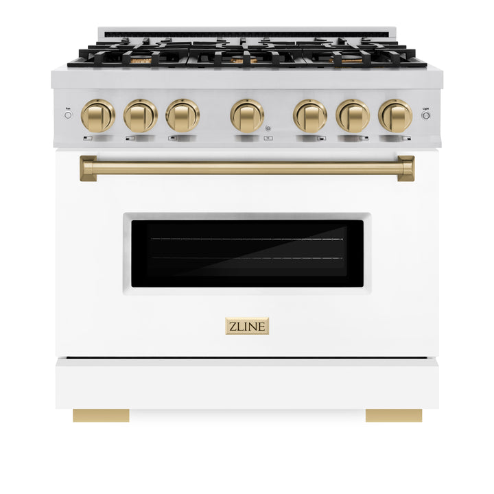 ZLINE Autograph 36" 5.2 cu. ft. Classic Gas Range with 6 Burners in Stainless Steel with White Matte Door and Champagne Bronze Accents, CGRZ-WM-36-CB