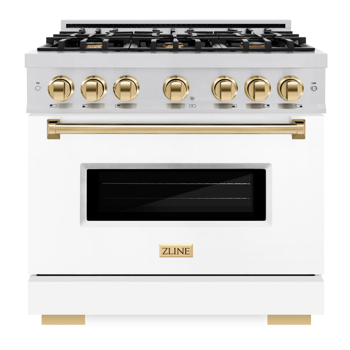 ZLINE Autograph 36" 5.2 cu. ft. Classic Gas Range with 6 Burners in Stainless Steel with White Matte Door and Polished Gold Accents, CGRZ-WM-36-G