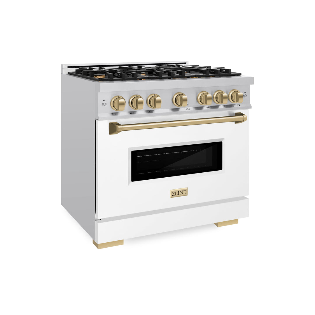 ZLINE Autograph 36" 5.2 cu. ft. Classic Gas Range with 6 Burners in Stainless Steel with White Matte Door and Champagne Bronze Accents, CGRZ-WM-36-CB