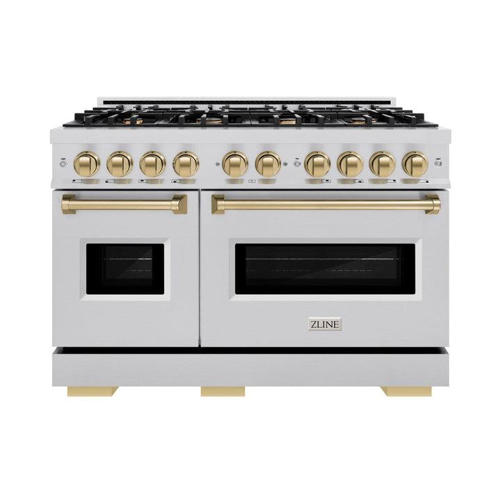 ZLINE Autograph 48" 6.7 cu. ft. Classic Double Oven Gas Range with 8 Burners in Stainless Steel and Champagne Bronze Accents, CGRZ-48-CB