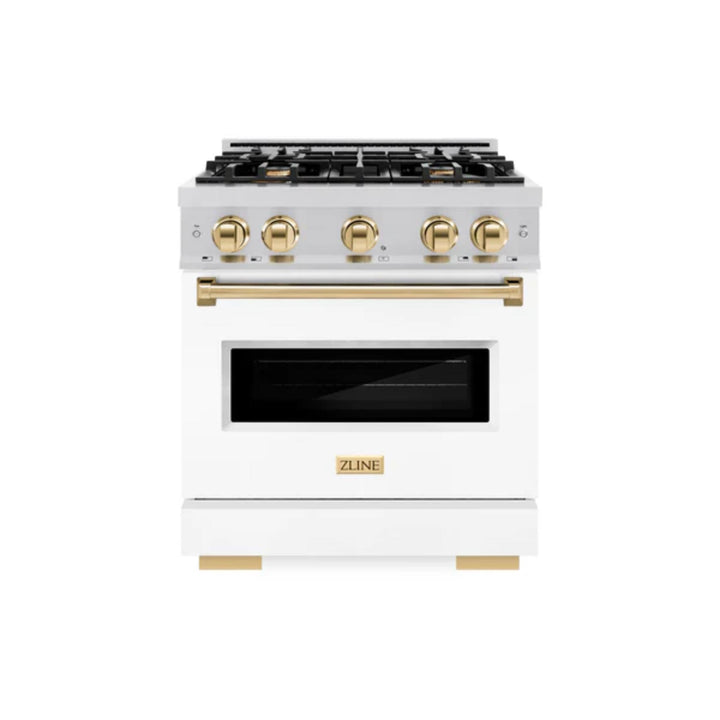 ZLINE Autograph Edition Classic Gas Range with Convection Gas Oven in Stainless Steel with White Matte Door and Polished Gold Accents