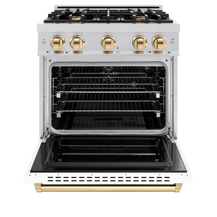 ZLINE Autograph Edition Classic Gas Range with Convection Gas Oven in Stainless Steel with White Matte Door and Polished Gold Accents