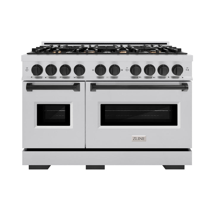 ZLINE Autograph 48" 6.7 cu. ft. Classic Double Oven Gas Range with 8 Burners in Stainless Steel and Matte Black Accents, CGRZ-48-MB