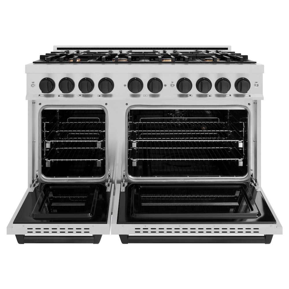 ZLINE Autograph 48" 6.7 cu. ft. Classic Double Oven Gas Range with 8 Burners in Stainless Steel and Matte Black Accents, CGRZ-48-MB