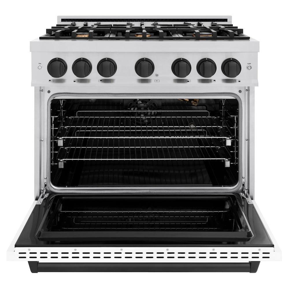 ZLINE Autograph 36" 5.2 cu. ft. Classic Gas Range with 6 Burners in Stainless Steel with White Matte Door and Matte Black Accents, CGRZ-WM-36-MB