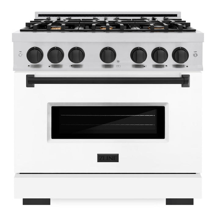 ZLINE Autograph 36" 5.2 cu. ft. Classic Gas Range with 6 Burners in Stainless Steel with White Matte Door and Matte Black Accents, CGRZ-WM-36-MB