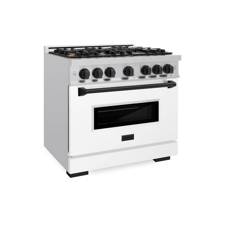 ZLINE Autograph 36" 5.2 cu. ft. Classic Gas Range with 6 Burners in Stainless Steel with White Matte Door and Matte Black Accents, CGRZ-WM-36-MB