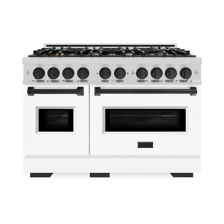 ZLINE Autograph 48" 6.7 cu. ft. Classic Double Oven Gas Range with 8 Burners in DuraSnow® Stainless Steel with White Matte Doors and Matte Black Accents, CGRSZ-WM-48-MB