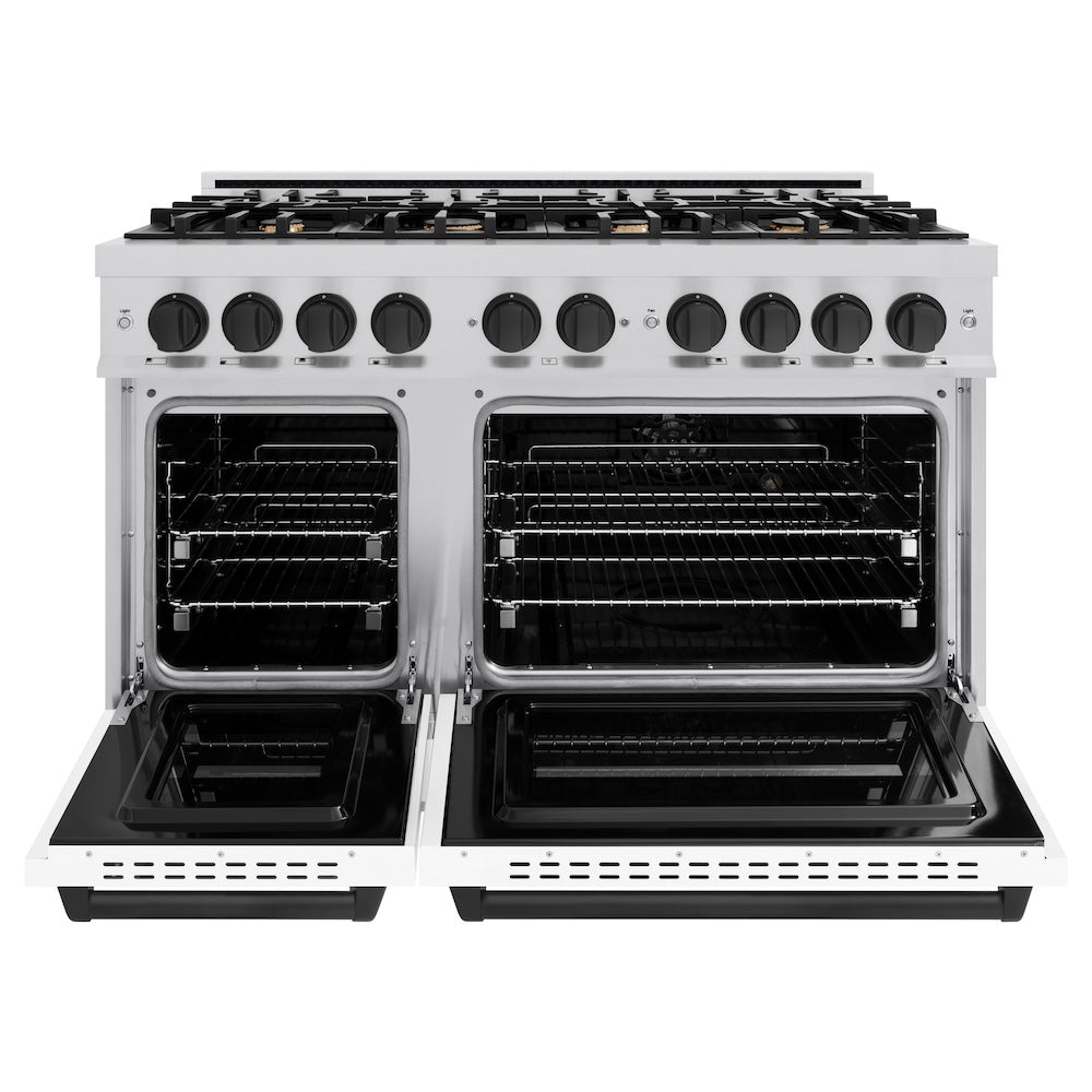 ZLINE Autograph 48" 6.7 cu. ft. Classic Double Oven Gas Range with 8 Burners in Stainless Steel with White Matte Doors and Matte Black Accents, CGRZ-WM-48-MB