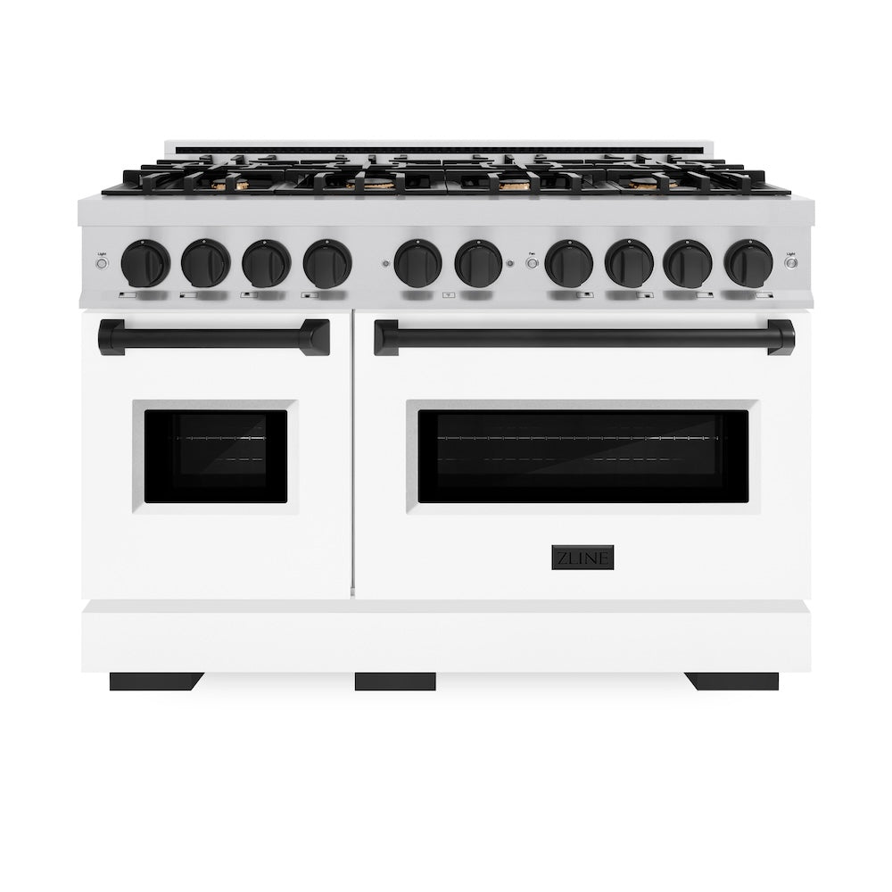 ZLINE Autograph 48" 6.7 cu. ft. Classic Double Oven Gas Range with 8 Burners in Stainless Steel with White Matte Doors and Matte Black Accents, CGRZ-WM-48-MB