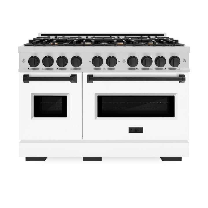 ZLINE Autograph 48" 6.7 cu. ft. Classic Double Oven Gas Range with 8 Burners in Stainless Steel with White Matte Doors and Matte Black Accents, CGRZ-WM-48-MB