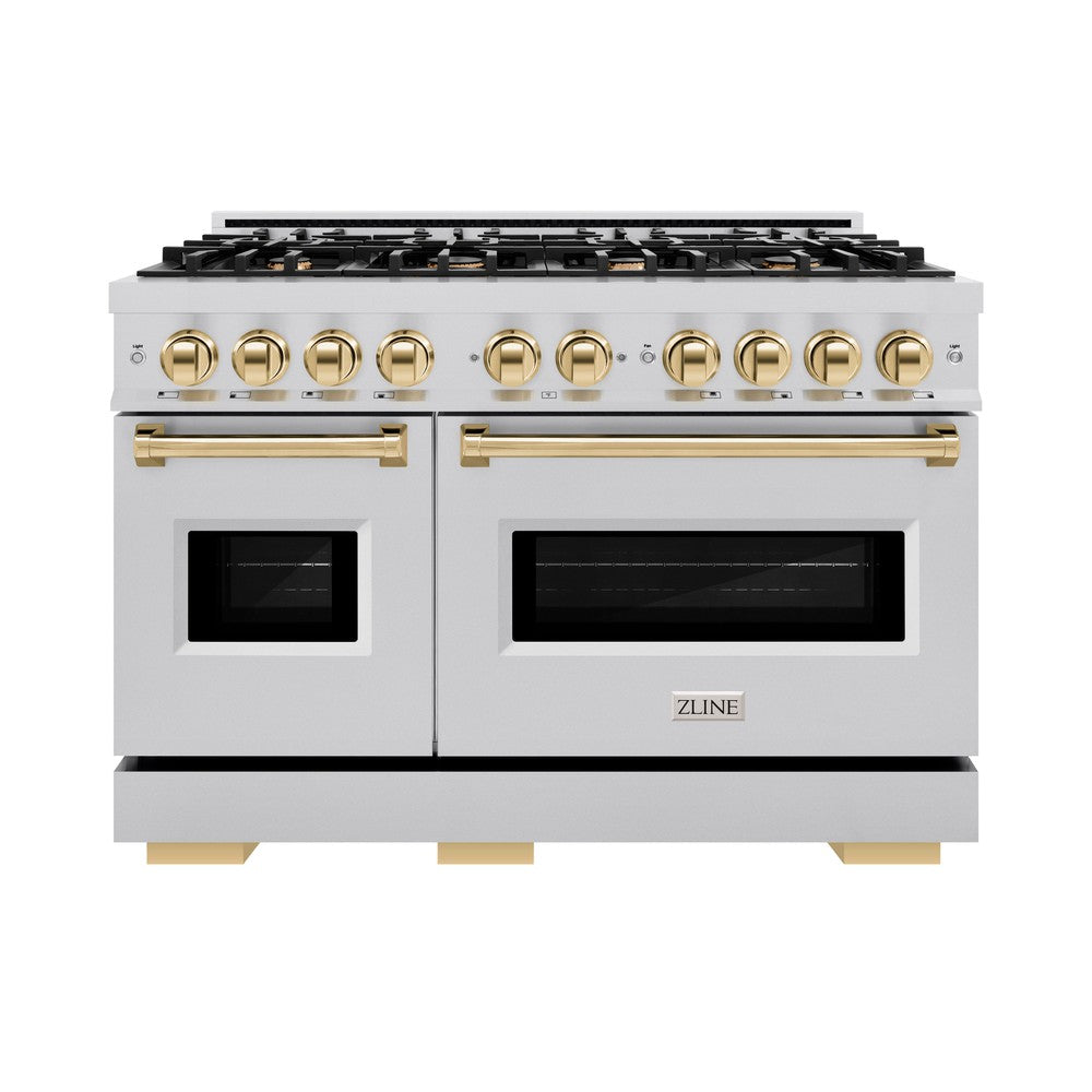 ZLINE Autograph 48" 6.7 cu. ft. Classic Double Oven Gas Range with 8 Burners in Stainless Steel and Polished Gold Accents, CGRZ-48-G