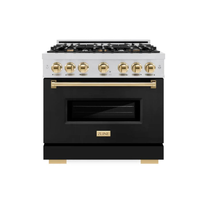 ZLINE Autograph Edition Classic Gas Range with Convection Gas Oven in Stainless Steel and Matte Black door Polished Gold Accents
