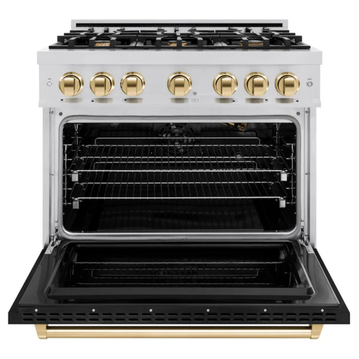 ZLINE Autograph Edition Classic Gas Range with Convection Gas Oven in Stainless Steel and Matte Black door Polished Gold Accents