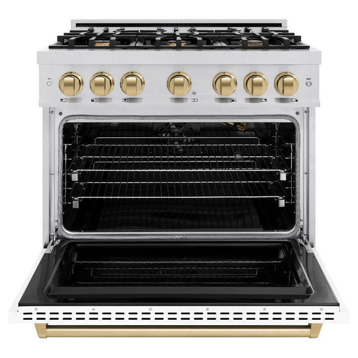 ZLINE Autograph 36" 5.2 cu. ft. Classic Gas Range with 6 Burners in Stainless Steel with White Matte Door and Champagne Bronze Accents, CGRZ-WM-36-CB