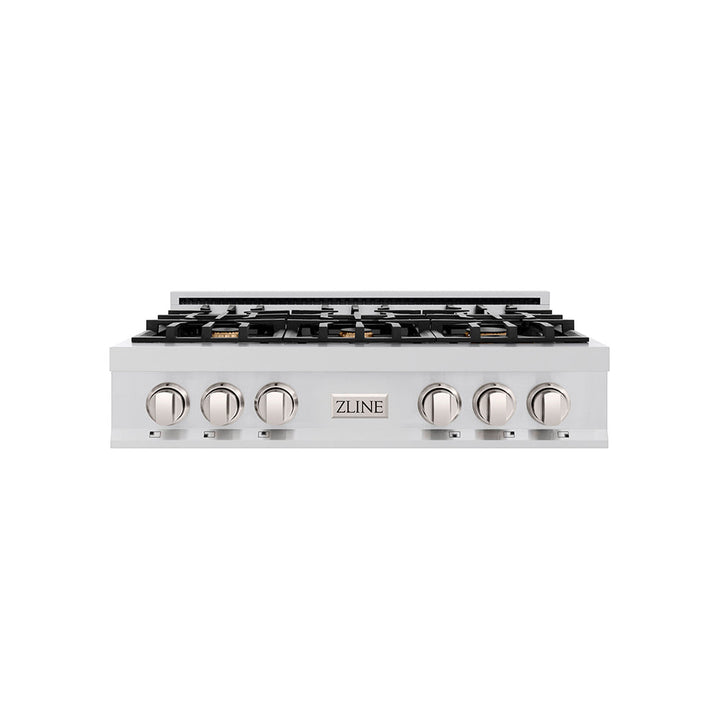 ZLINE 36 in. Classic Gas Rangetop with 6 Brass Burners and Porcelain Cooktop in Stainless Steel with Griddle (RT-BR-GR-36)