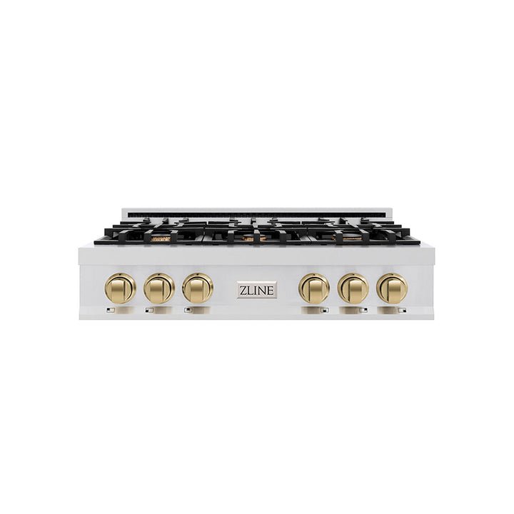 ZLINE Autograph Edition 36 in. Classic Gas Rangetop with 6 Burners and Porcelain Cooktop in Stainless Steel with Champagne Bronze Accents (RTZ-36-CB)