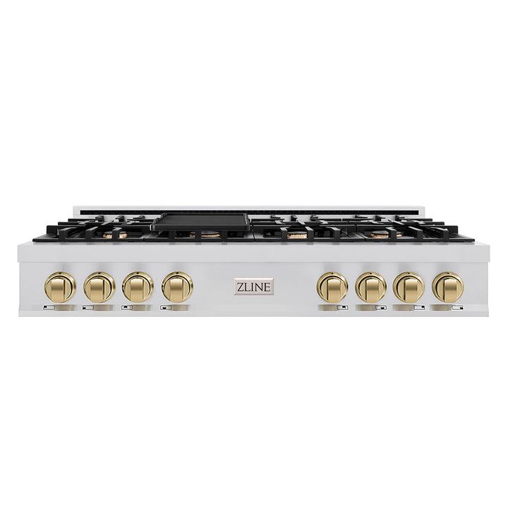 ZLINE Autograph Edition 48 in. Classic Gas Rangetop with 8 Burners and Porcelain Cooktop in Stainless Steel with Champagne Bronze Accents (RTZ-48-CB)