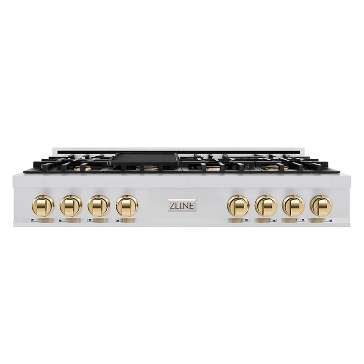 ZLINE Autograph Edition 48 in. Classic Gas Rangetop with 8 Burners and Porcelain Cooktop in Stainless Steel with Polished Gold Accents (RTZ-48-G)