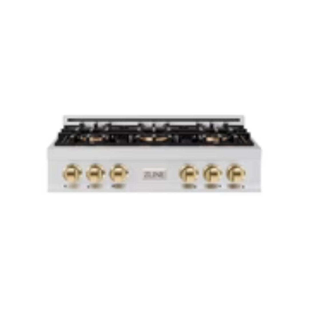 ZLINE Autograph Edition 36" Classic Gas Rangetop with 6 Burner DuoPro™ Cooktop in Stainless Steel and Polished Gold Accents