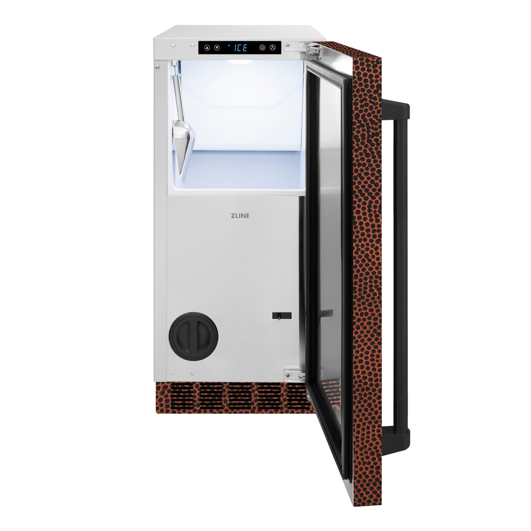 ZLINE 15 in. Touchstone Clear Cube Ice Maker with Drain Pump and Hand Hammered Copper Door (ICCD-HH-15)