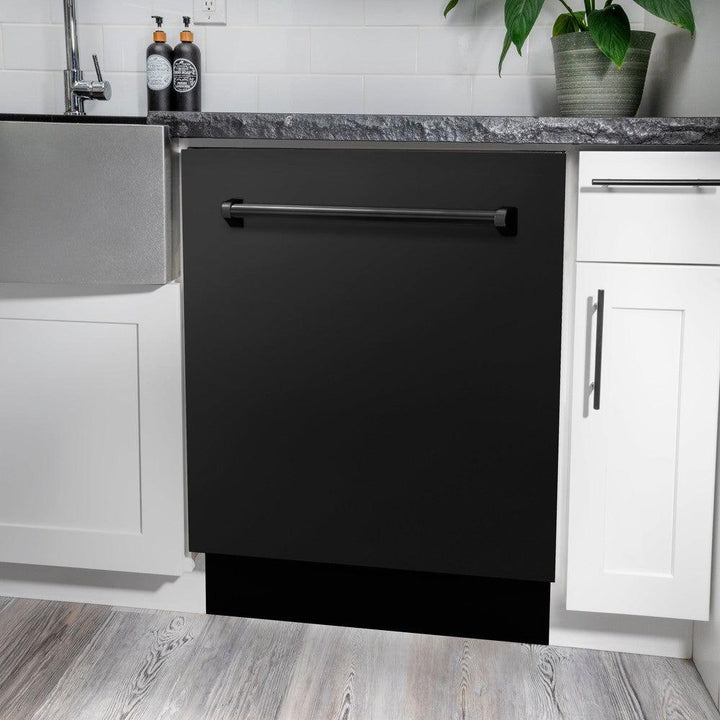 ZLINE Kitchen Package with Black Stainless Steel Refrigerator, 36 in. Dual Fuel Range, 36 in. Range Hood, Microwave Drawer, and 24 in. Tall Tub Dishwasher (5KPR-RABRH36-MWDWV)