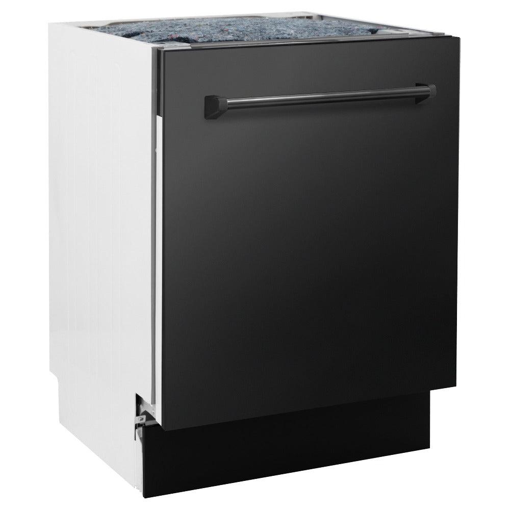 ZLINE Kitchen Package with Black Stainless Steel Refrigerator, 36 in. Dual Fuel Range, 36 in. Range Hood, Microwave Drawer, and 24 in. Tall Tub Dishwasher (5KPR-RABRH36-MWDWV)