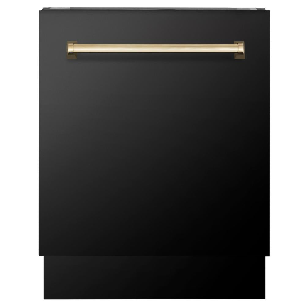 ZLINE Autograph Edition 48 in. Kitchen Package with Black Stainless Steel Dual Fuel Range, Range Hood, Dishwasher and Refrigerator Including External Water Dispenser with Polished Gold Accents (4AKPR-RABRHDWV48-G)