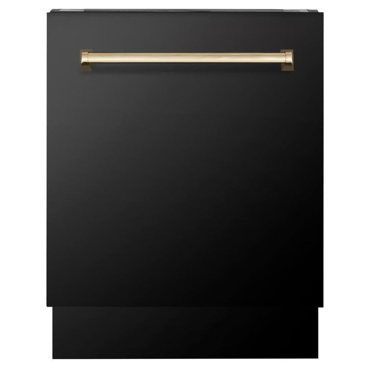 ZLINE Autograph Edition 48 in. Kitchen Package with Black Stainless Steel Dual Fuel Range, Range Hood, Dishwasher and Refrigerator Including External Water Dispenser with Polished Gold Accents (4AKPR-RABRHDWV48-G)